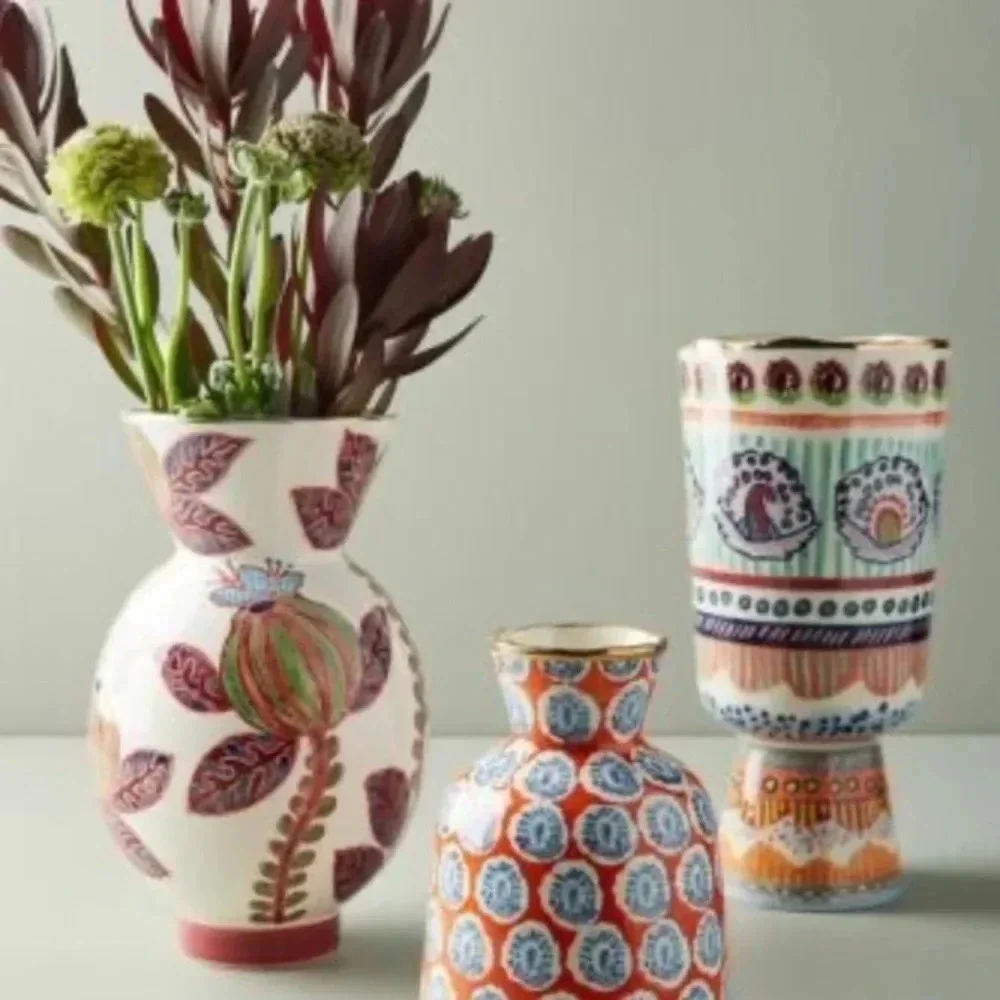 Brand New  In Box Anthropologie Handpainted   Elza Floral Vase